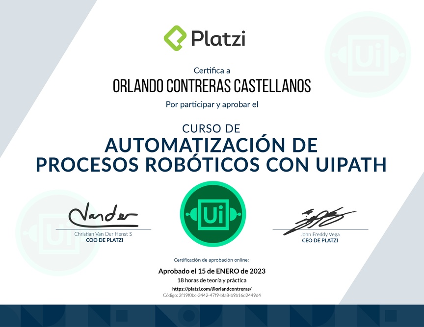 Diploma del Curso de Automatización de Procesos RPA con UiPath