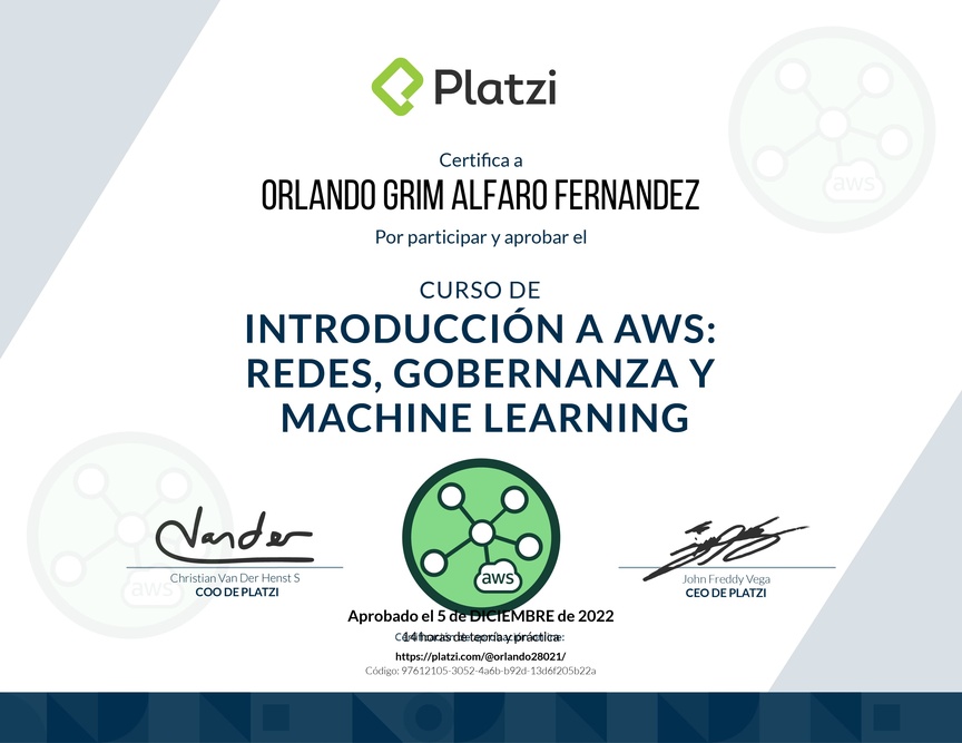 Diploma del Curso de Introducción a AWS: Redes, Gobernanza y Machine Learning