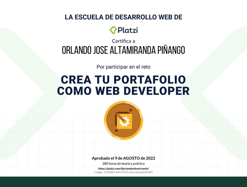 Diploma de Diploma Especial del #PlatziChallenge: Crea tu Portafolio como Web Developer