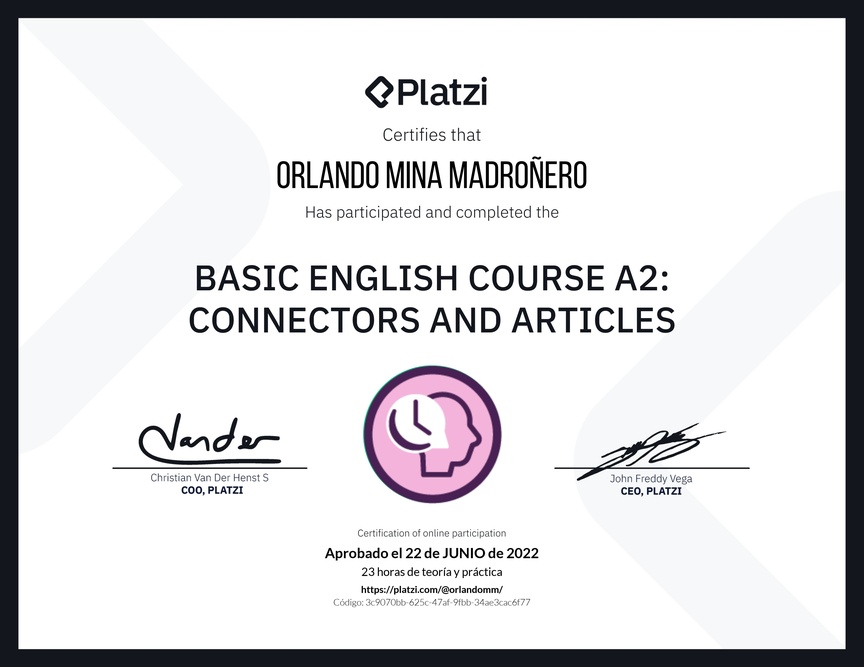 Diploma del Curso de Inglés Básico A2: Conectores y Artículos