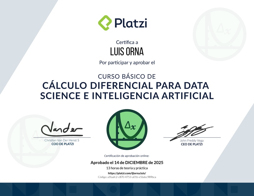 Diploma del Curso Básico de Cálculo Diferencial para Data Science e Inteligencia Artificial