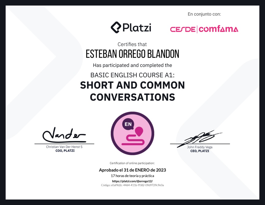 Diploma del Curso de Inglés Básico A1: Conversaciones Cortas y Habituales (2020)