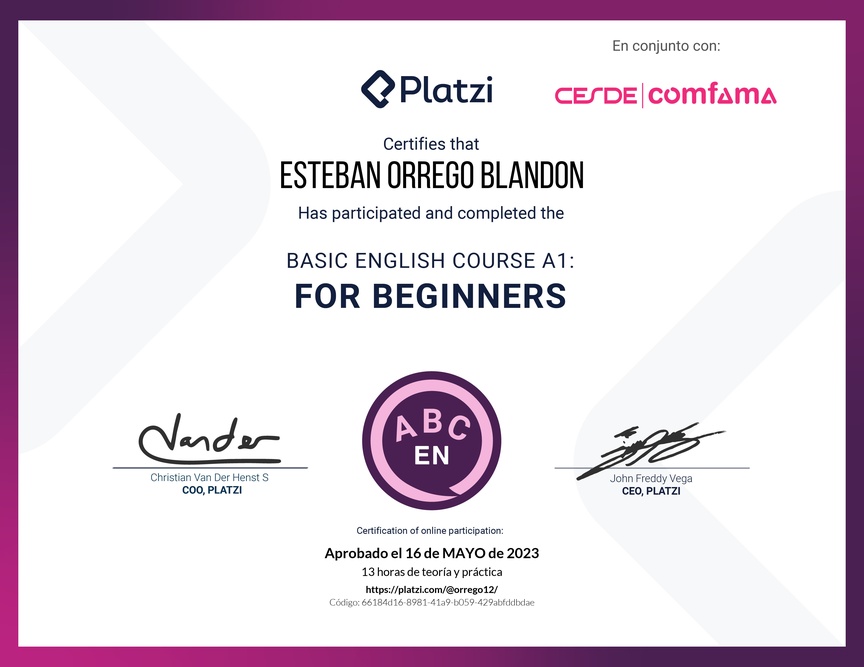 Diploma del Curso de Inglés Básico para Principiantes - (2022)