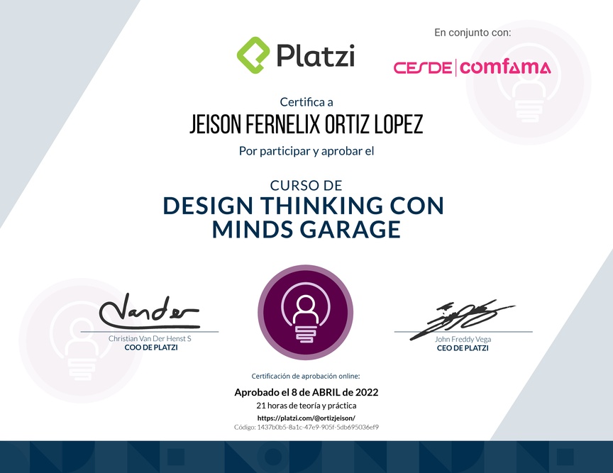 Diploma del Curso de Design Thinking con Minds Garage