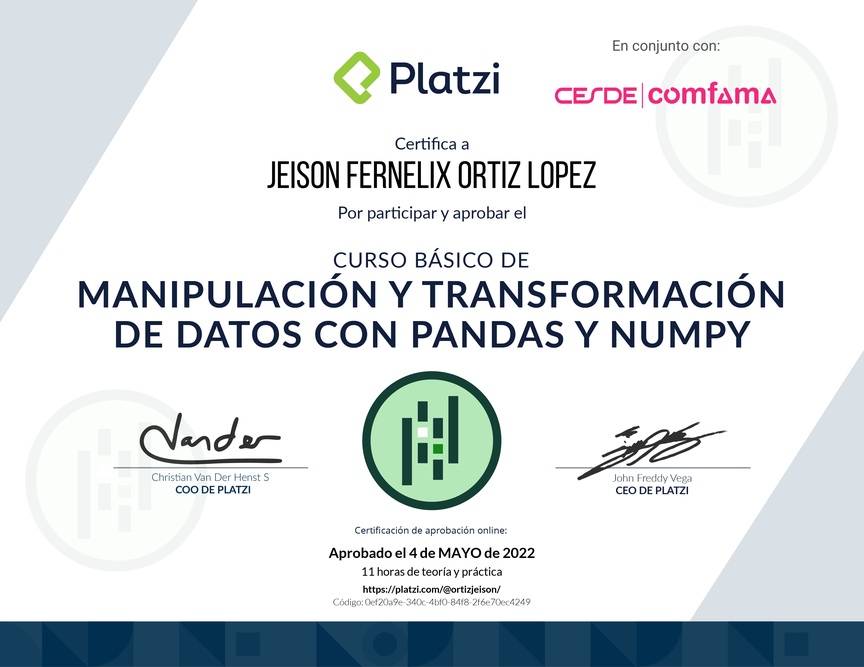 Diploma del Curso de Manipulación y Transformación de Datos con Pandas y NumPy