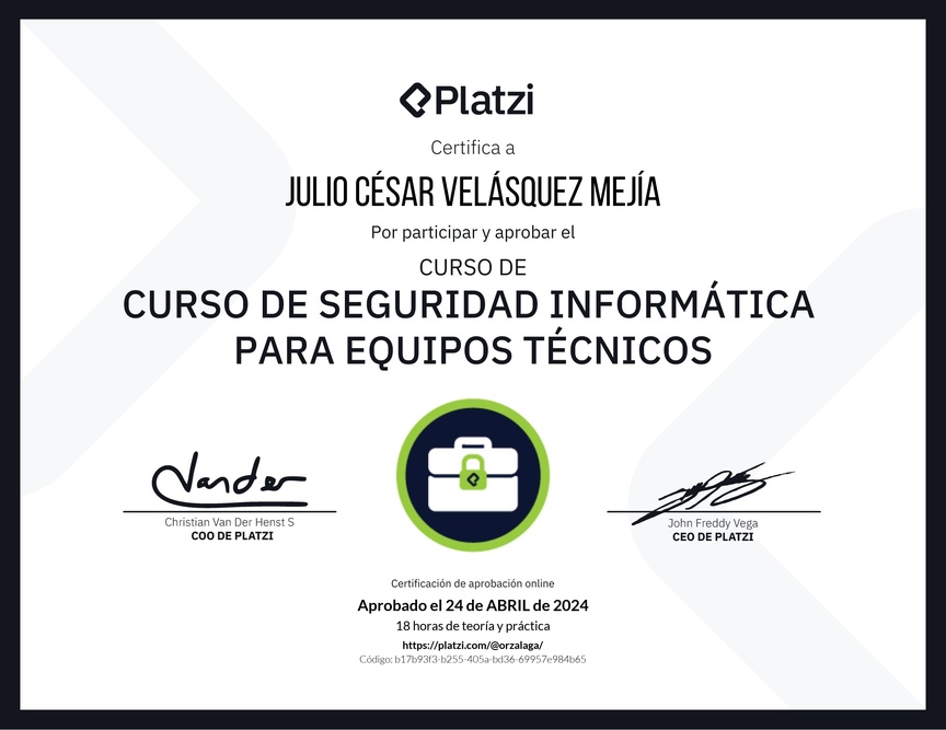 Diploma del Curso de Seguridad Informática para Equipos Técnicos