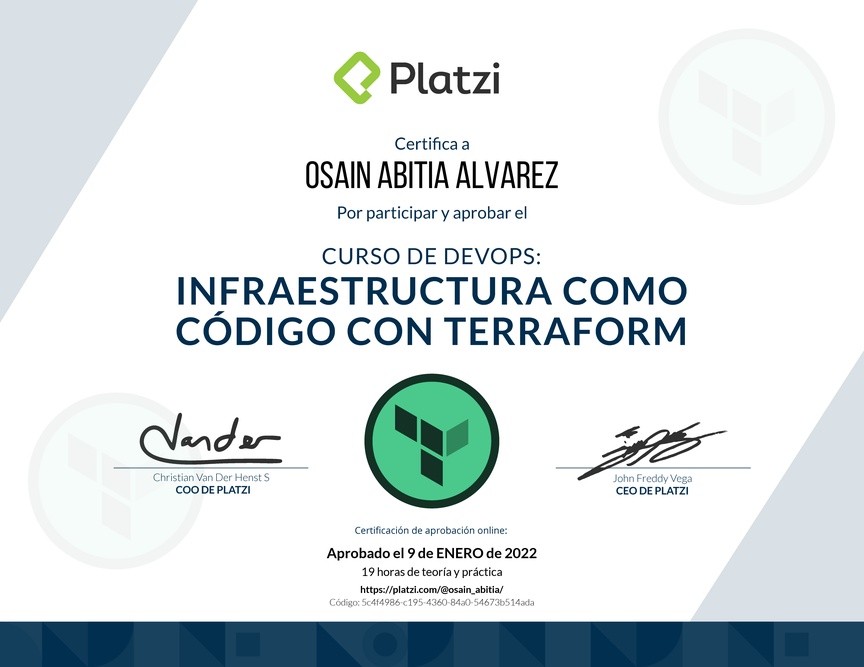 Diploma del Curso de Infraestructura Como Código con Terraform