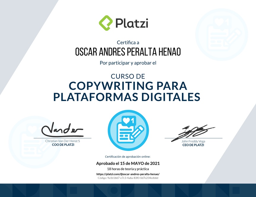 Diploma del Curso de Copywriting para Plataformas Digitales