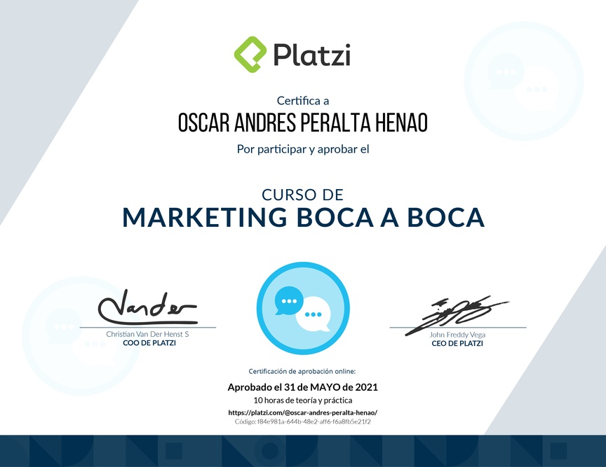 Diploma del Curso de Marketing de Boca a Boca