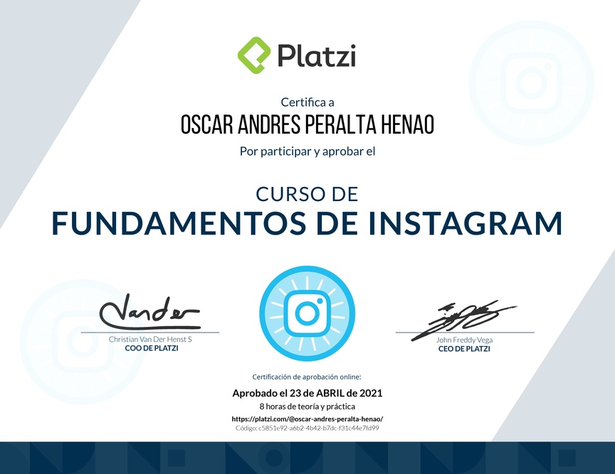Diploma del Curso de Fundamentos de Instagram
