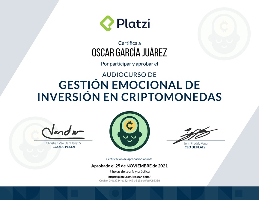 Diploma de Audiocurso de Gestión Emocional de Inversión en Criptomonedas