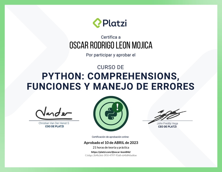 Diploma del Curso de Python: Comprehensions, Funciones y Manejo de Errores
