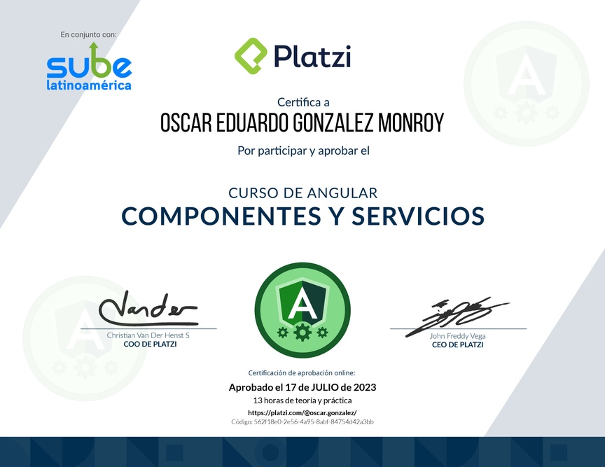 Diploma del Curso de Angular: Componentes y Servicios