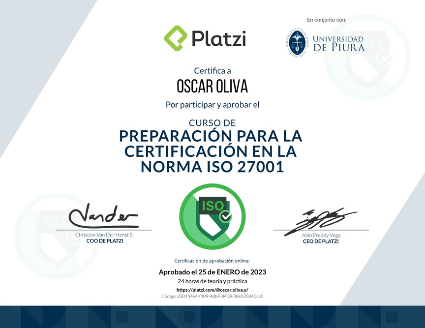 Diploma del Curso de Preparación para la Certificación en la Norma ISO 27001 (2020)
