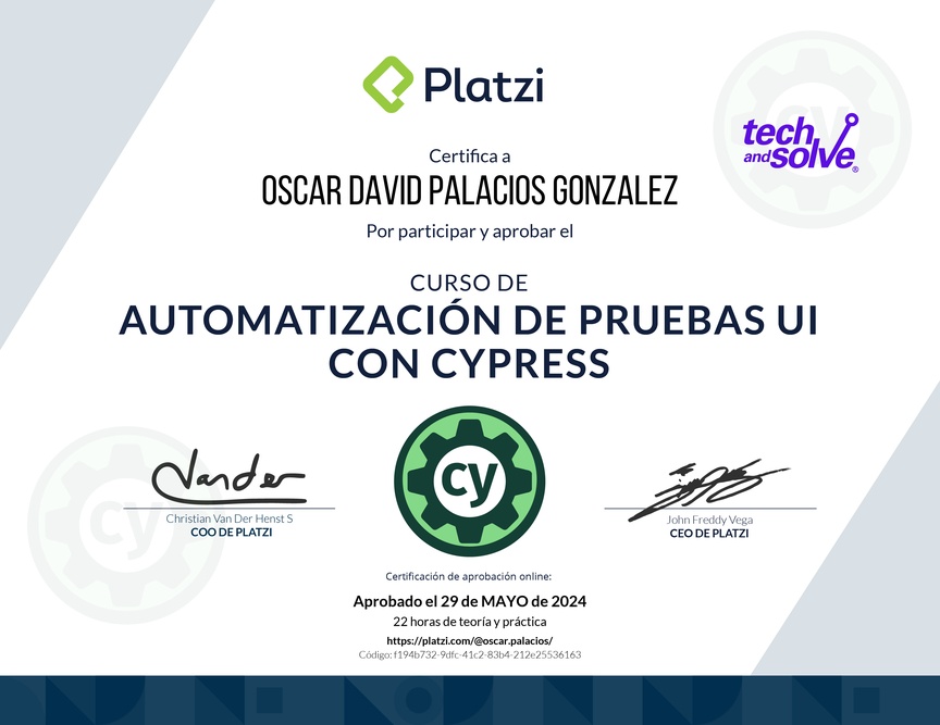 Diploma del Curso de Automatización de Pruebas UI con Cypress