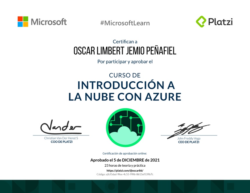 Diploma del Curso de Introducción a la Nube con Azure