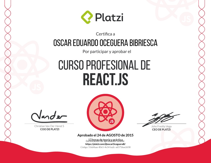 Diploma del Curso Profesional de React.js 2017