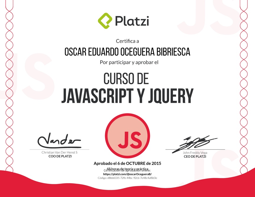 Diploma del Curso de Javascript y JQuery Febrero 2015