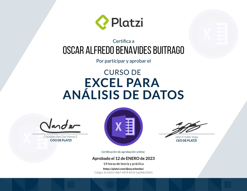 Diploma del Curso de Excel para el Análisis de Datos