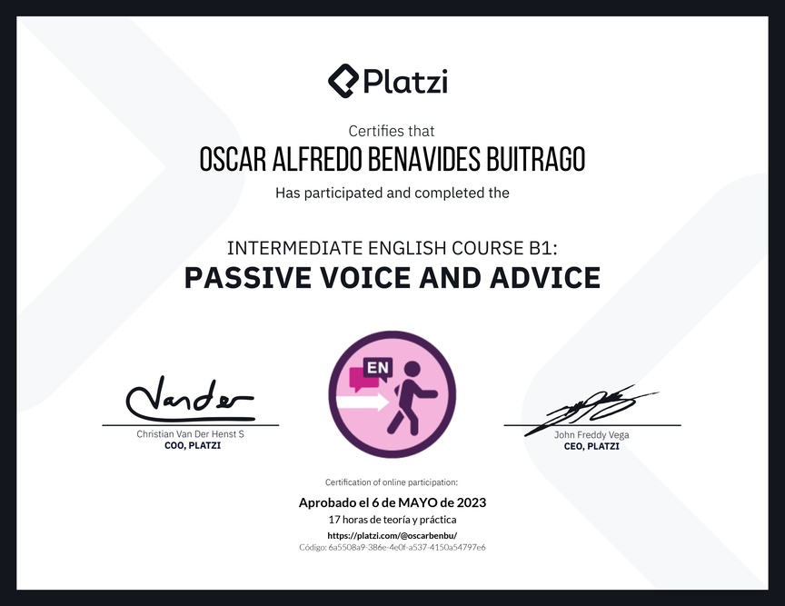 Diploma del Curso de Inglés Intermedio: Voz Pasiva y Consejos (2021)