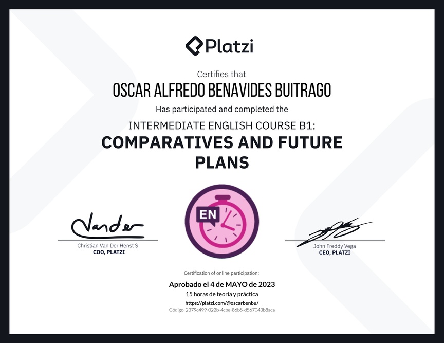 Diploma del Curso de Inglés Intermedio B1: Comparativos y Planes Futuros