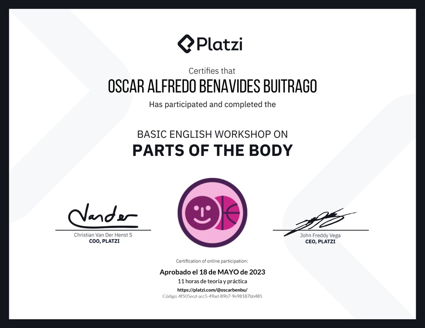 Diploma del Curso de Inglés Práctico sobre las Partes del Cuerpo