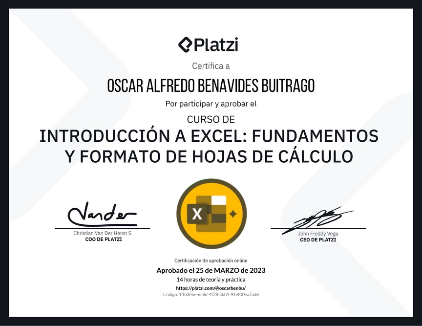 Diploma del Curso de Introducción a Excel para Principiantes: Fundamentos y Formato de Hojas de Cálculo