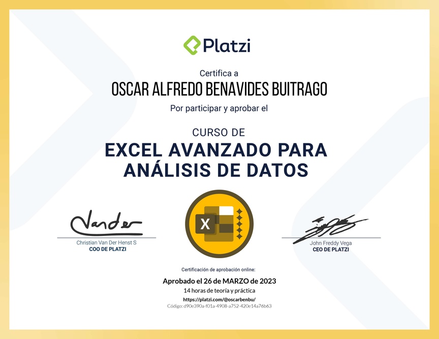 Diploma del Curso de Excel Avanzado para Análisis de Datos