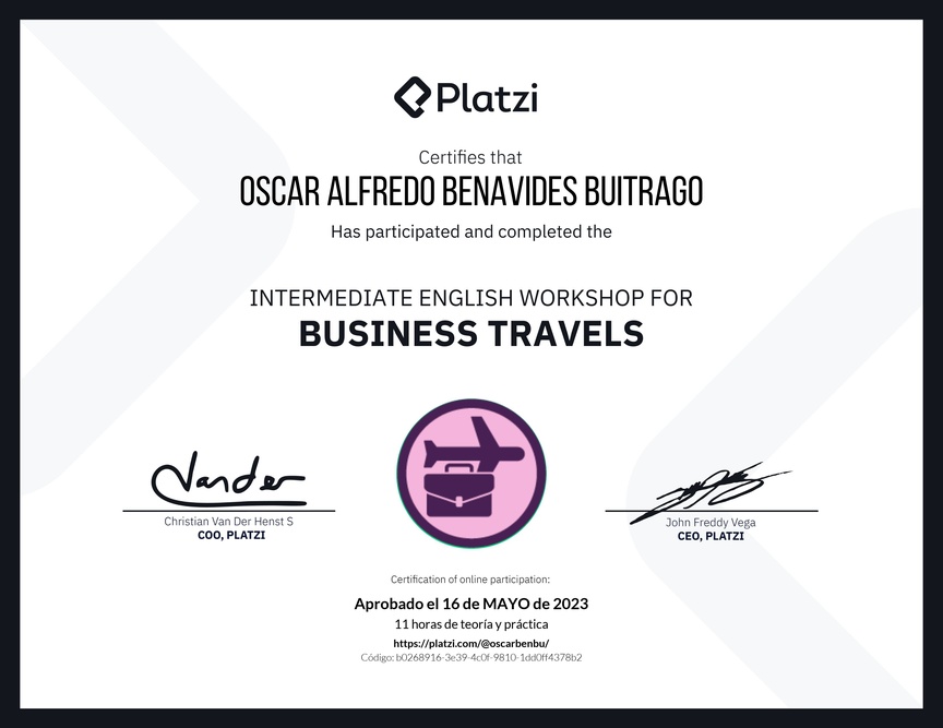 Diploma del Curso de Inglés Práctico para Viajes de Negocios