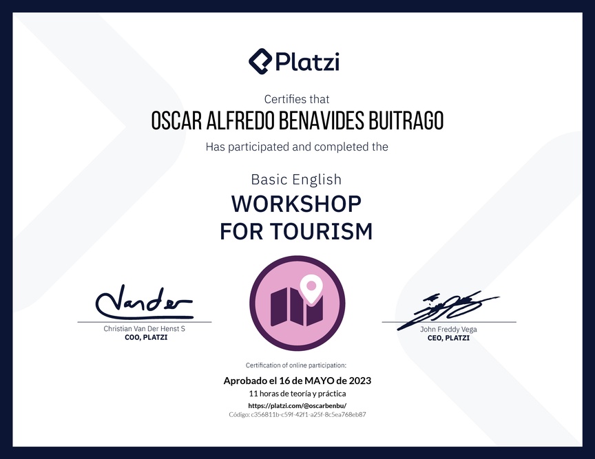 Diploma del Curso de Inglés Práctico para Viajes de Turismo