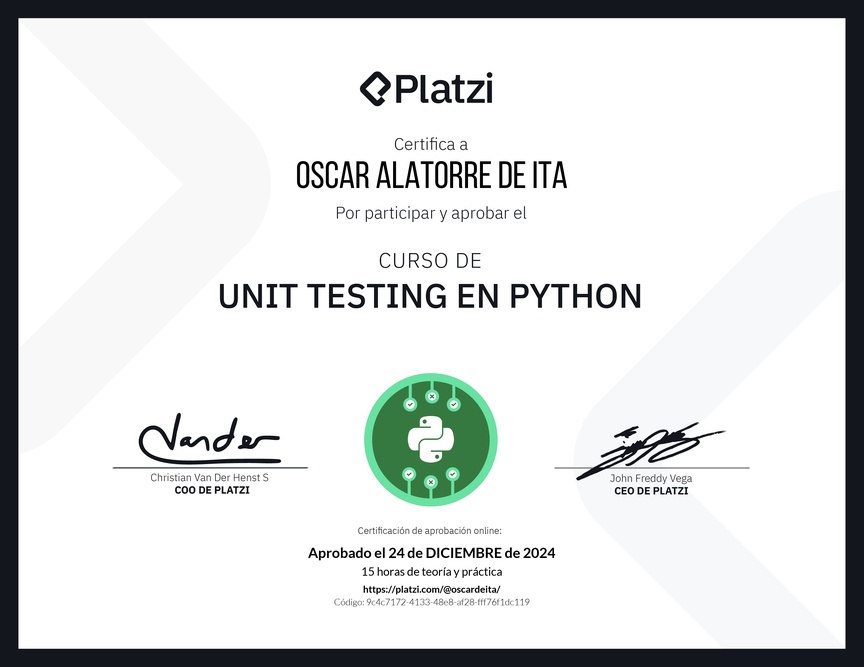 Diploma del Curso de Unit Testing en Python