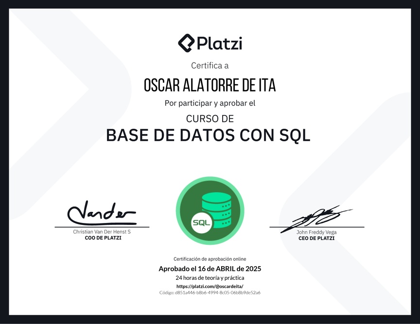 Diploma del Curso de Bases de Datos con SQL