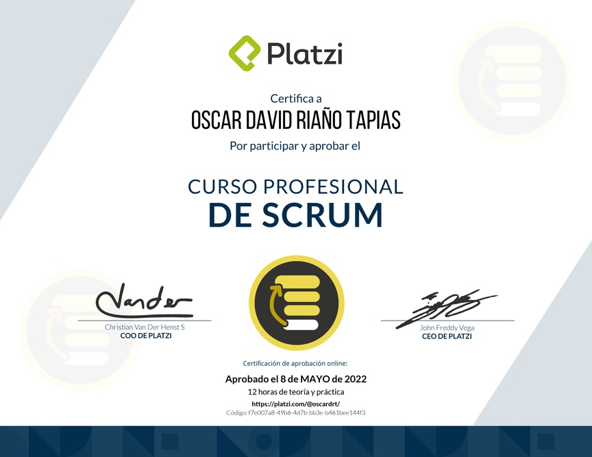 Diploma del Curso Profesional de Scrum