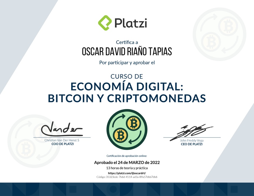 Diploma del Curso de Economía Digital: Bitcoin y Criptomonedas