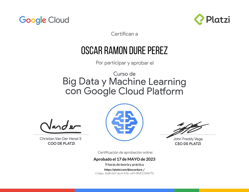 Diploma del Curso de Big Data y Machine Learning con Google Cloud Platform