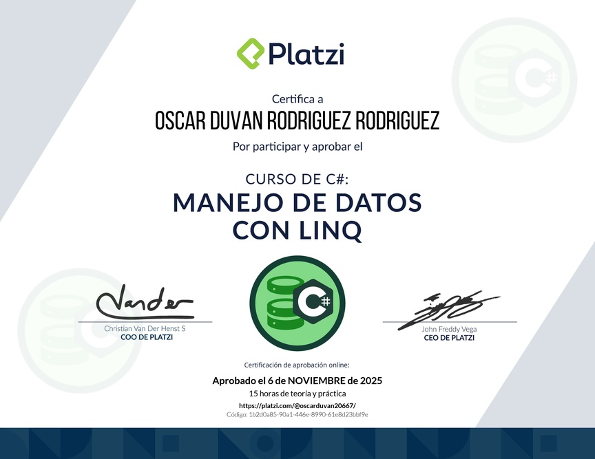 Diploma del Curso de Manejo de Datos en C# con LINQ