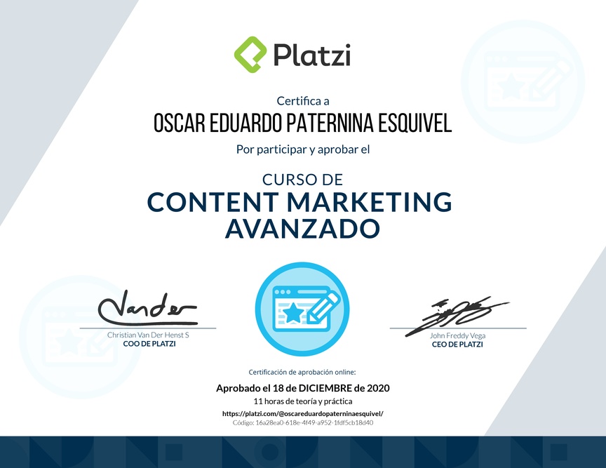 Diploma del Curso de Desarrollo de Estrategias de Content Marketing