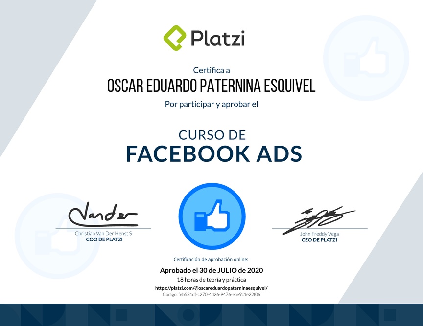 Diploma del Curso de Facebook Ads 2020