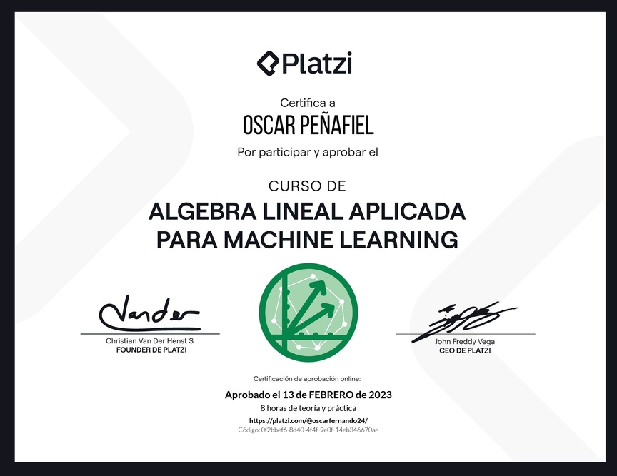 Diploma del Curso de Álgebra Lineal Aplicada para Machine Learning