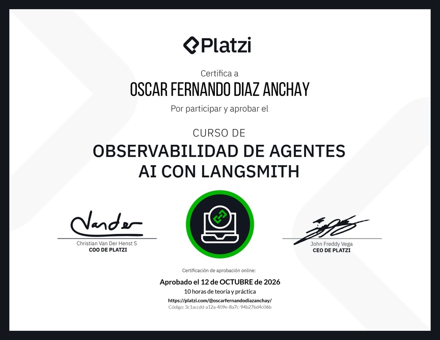 Diploma del Curso de Observabilidad de Agentes AI con LangSmith