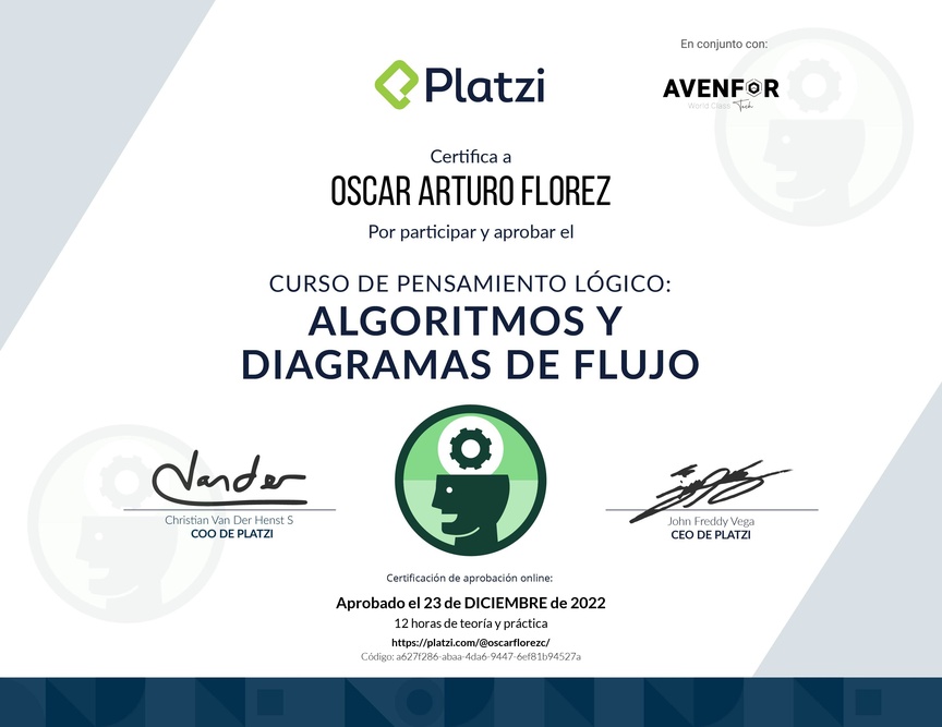 Diploma del Curso de Pensamiento Lógico: Algoritmos y Diagramas de Flujo