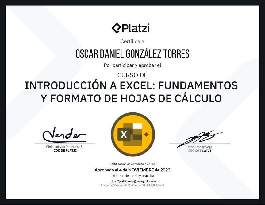 Diploma del Curso de Introducción a Excel para Principiantes: Fundamentos y Formato de Hojas de Cálculo