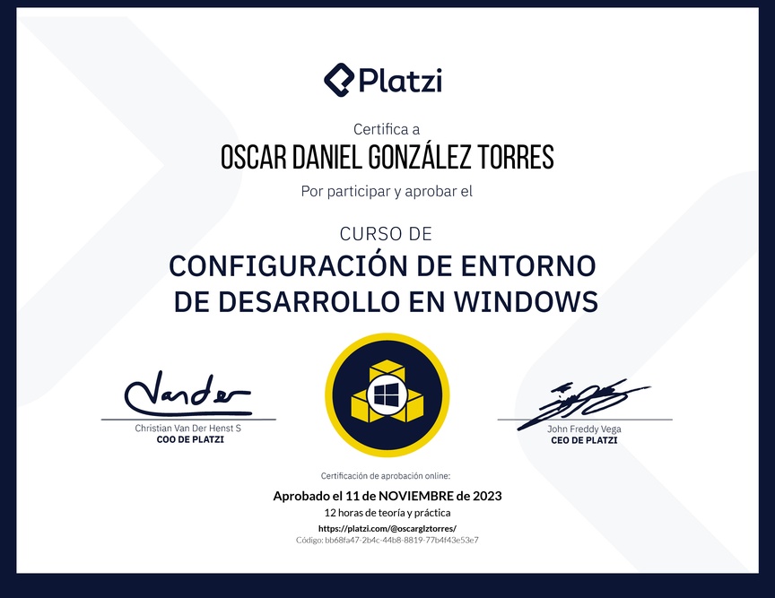 Diploma del Curso de Configuración de Entorno de Desarrollo en Windows