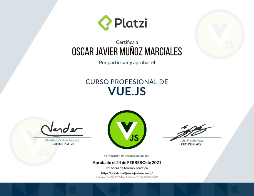 Diploma del Curso Profesional de Vue.js 2