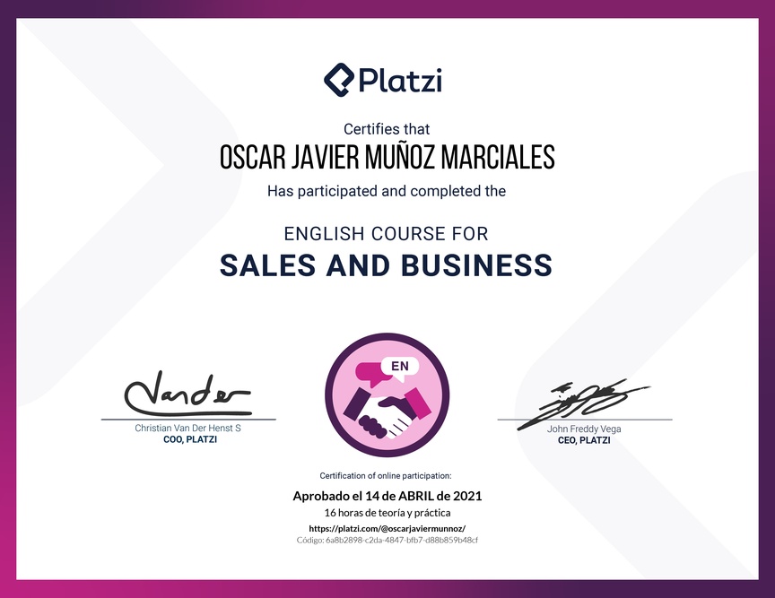 Diploma del Curso para Ventas y Negocios en Inglés (2020)