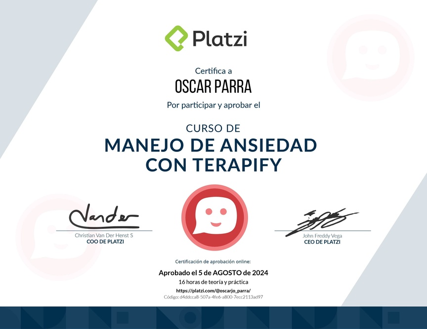 Diploma del Curso de Manejo de Ansiedad con Terapify