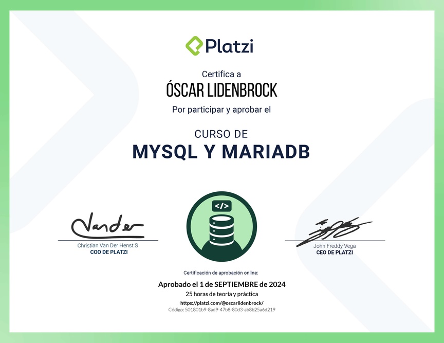 Diploma del Curso de Bases de Datos con MySQL y MariaDB