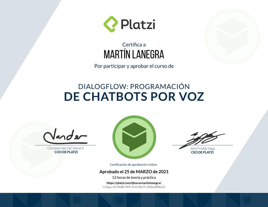 Diploma del Curso de DialogFlow: Programación de Chatbots por voz