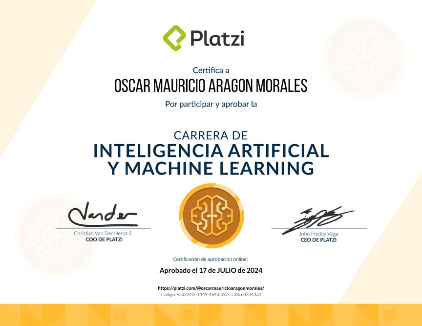 Diploma de la Ruta de Aprendizaje de Inteligencia Artificial y Machine Learning
