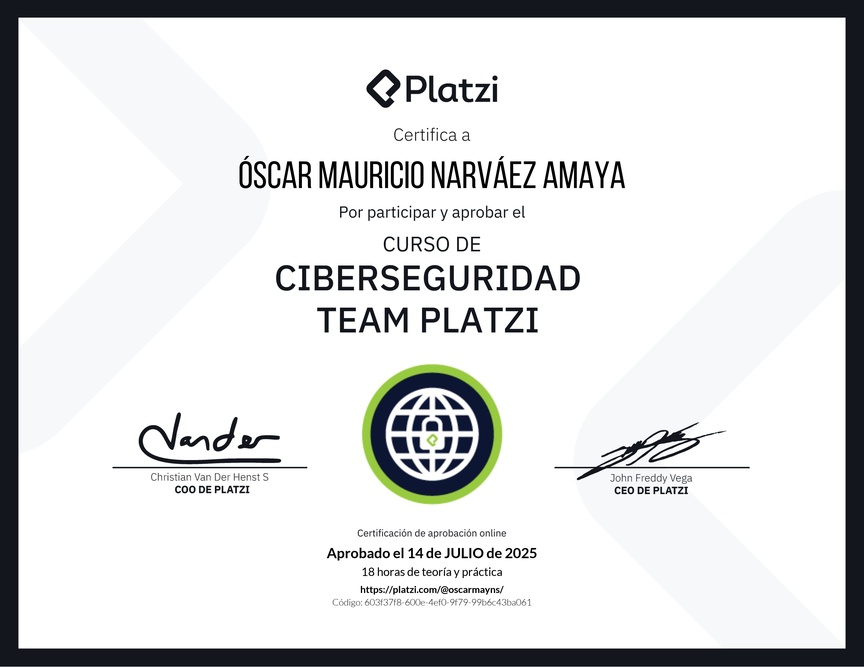 Diploma del Curso de Ciberseguridad y Privacidad - Team Platzi